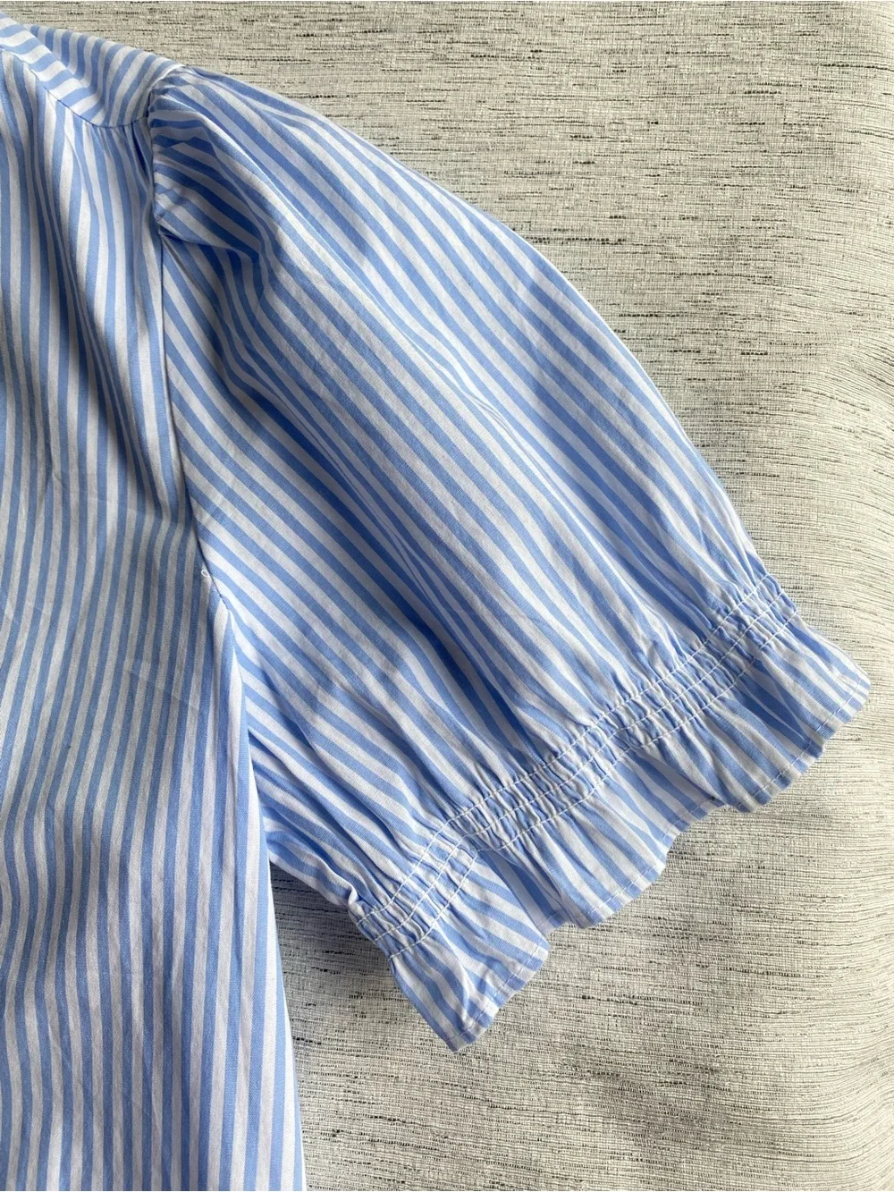 J. Crew Blue and White Striped Ruffle V-Neck Puff Sleeve Blouse